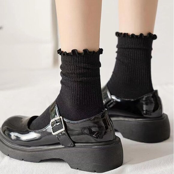 Black Ruffle Socks for Women Casual Cute Cotton Crew Socks Frilly Novelty - Picture 2 of 6